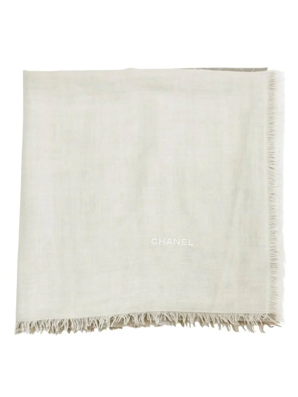 Chanel Cashmere Silk CC Logo Quilted Pattern Mini Fringe Shawl Beige Ivory Scarf